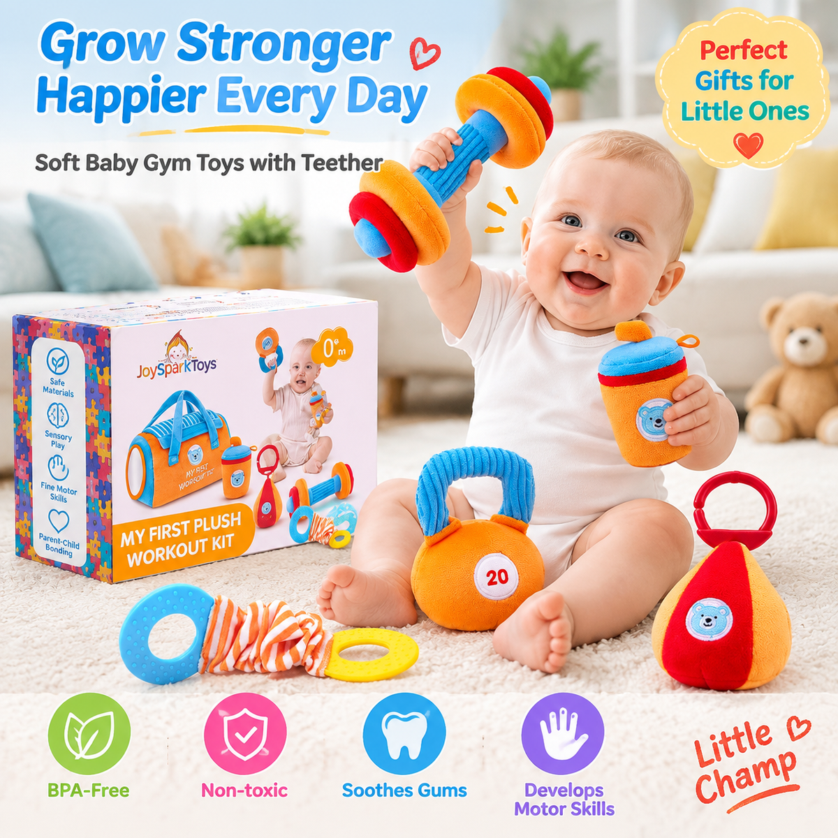 LUNELRS® My First Baby Fitness Toy Set – Soft Sensory Toys with Teether & Rattle for Early Development