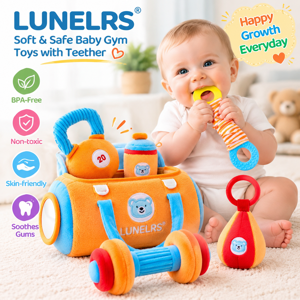 LUNELRS® My First Baby Fitness Toy Set – Soft Sensory Toys with Teether & Rattle for Early Development