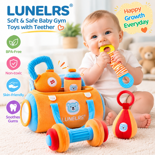 LUNELRS® My First Baby Fitness Toy Set – Soft Sensory Toys with Teether & Rattle for Early Development
