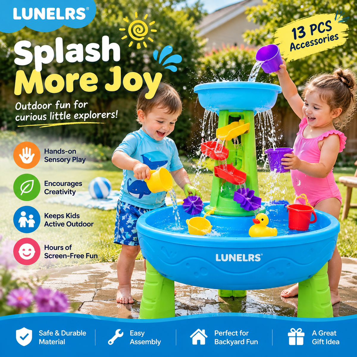 LUNELRS® Kids Water Table – Outdoor Splash Play Center with 13PCS Accessories for Creative Sensory Play