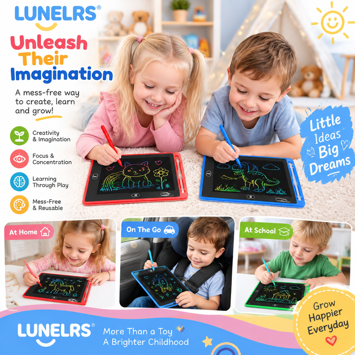 LUNELRS LCD Writing Tablet for Kids, Reusable Doodle Board, Colorful Drawing Pad with Stylus, Educational Learning Toy for Toddlers Ages 3+