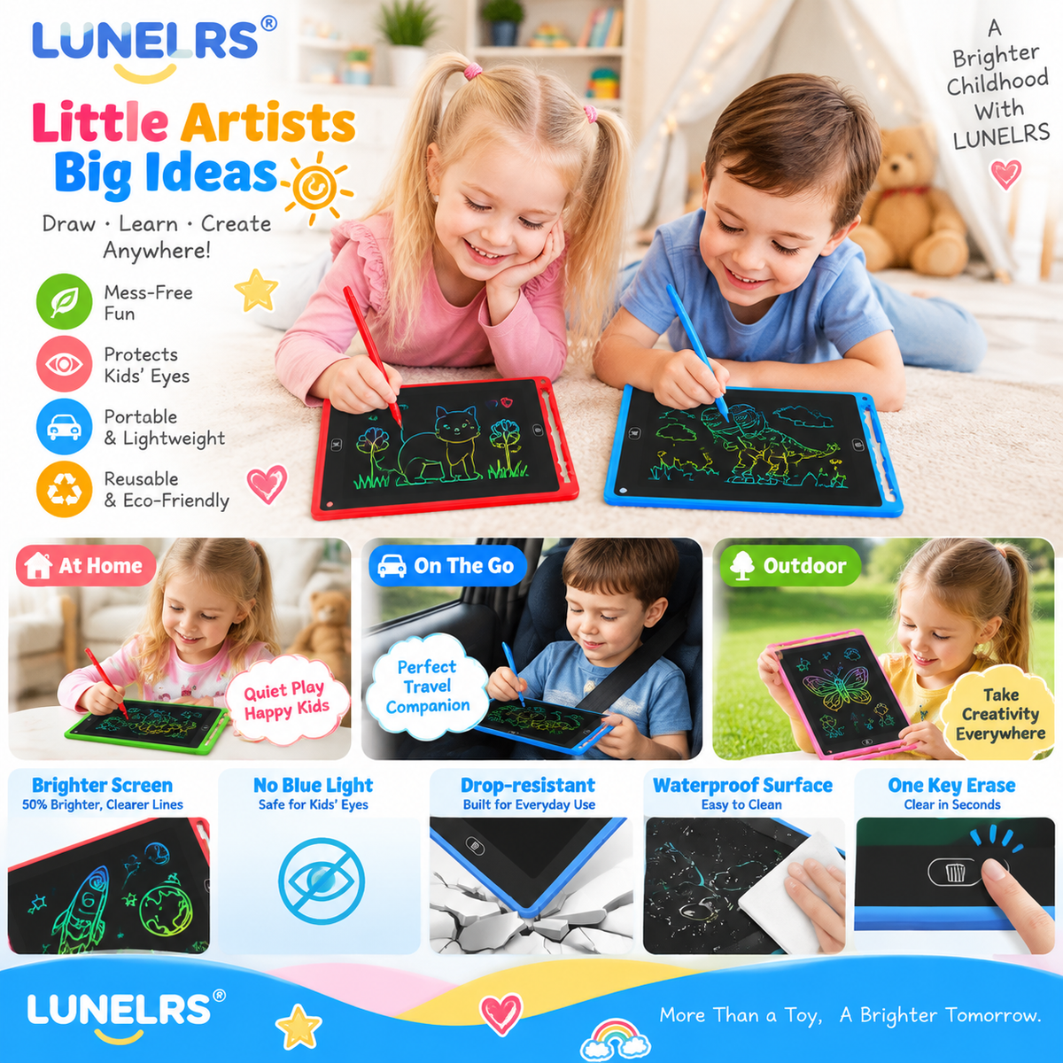 LUNELRS LCD Writing Tablet for Kids, Reusable Doodle Board, Colorful Drawing Pad with Stylus, Educational Learning Toy for Toddlers Ages 3+