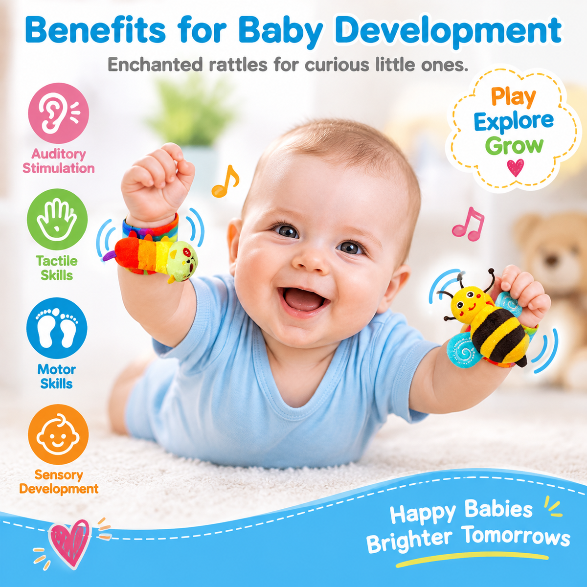 LUNELRS® Soft Baby Rattle Set – Animal Wrist & Ankle Sensory Toys for Early Development