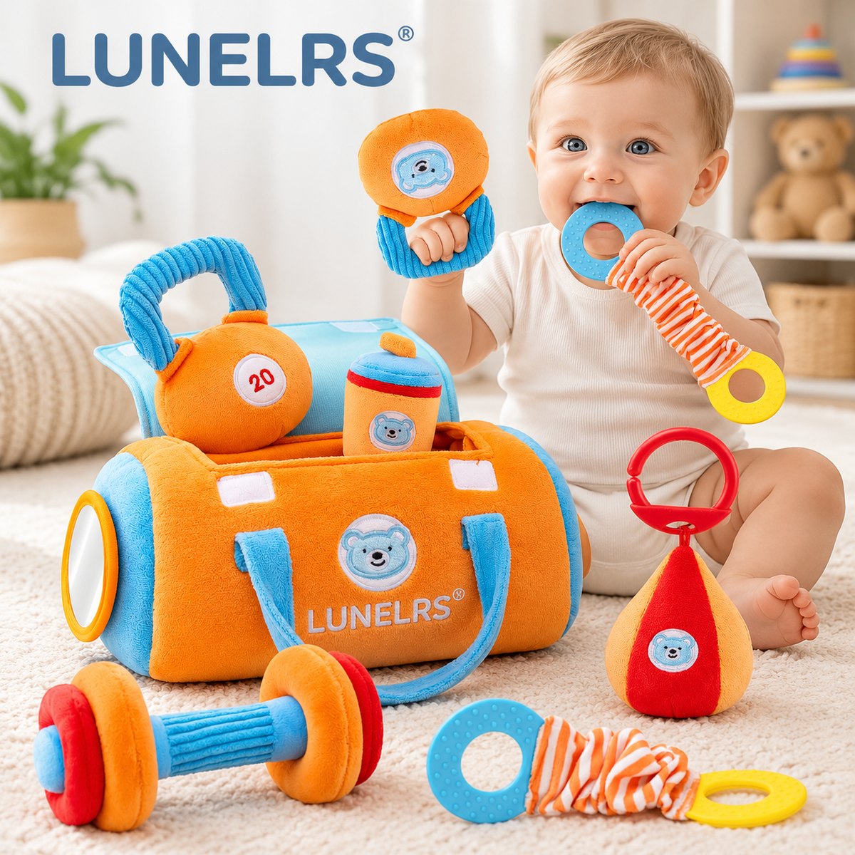 LUNELRS® My First Baby Fitness Toy Set – Soft Sensory Toys with Teether & Rattle for Early Development