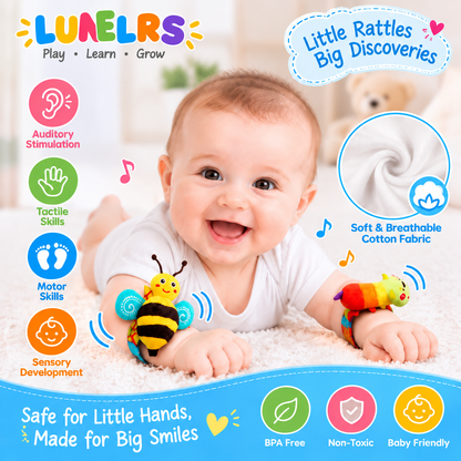 LUNELRS® Soft Baby Rattle Set – Animal Wrist & Ankle Sensory Toys for Early Development
