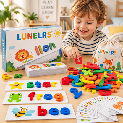 LUNELRS Wooden Letters Learning Set for Toddlers, Montessori Alphabet Spelling Toy, ABC Word Building Puzzle Game, Early Educational Toy for Kids 2+ Years