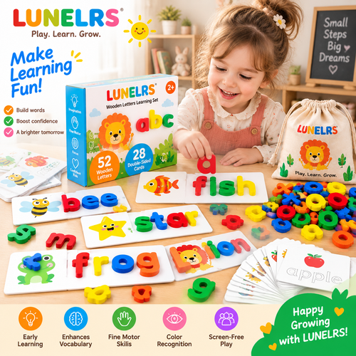 LUNELRS Wooden Letters Learning Set for Toddlers, Montessori Alphabet Spelling Toy, ABC Word Building Puzzle Game, Early Educational Toy for Kids 2+ Years