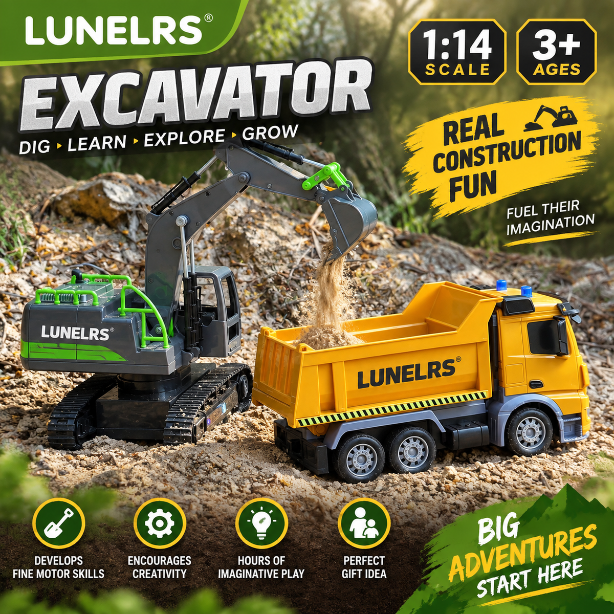 LUNELRS® RC Excavator & Dump Truck Toy Set – Realistic Construction Vehicles with Lights, Music & 360° Rotation