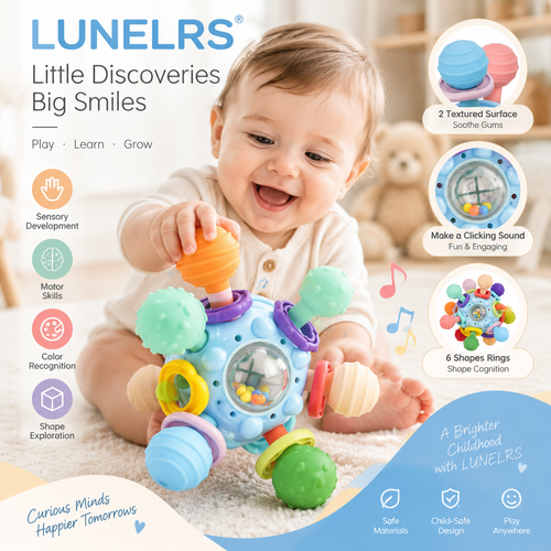 LUNELRS® Discovery Sensory Ball– Multi-Textured Baby Teether Rattle Toy for Early Learning, Motor Skills & Sensory Development