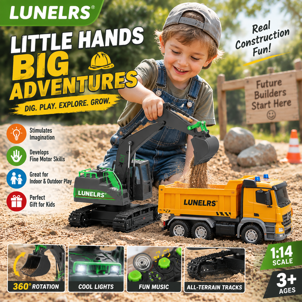 LUNELRS® RC Excavator & Dump Truck Toy Set – Realistic Construction Vehicles with Lights, Music & 360° Rotation