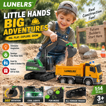 LUNELRS® RC Excavator & Dump Truck Toy Set – Realistic Construction Vehicles with Lights, Music & 360° Rotation