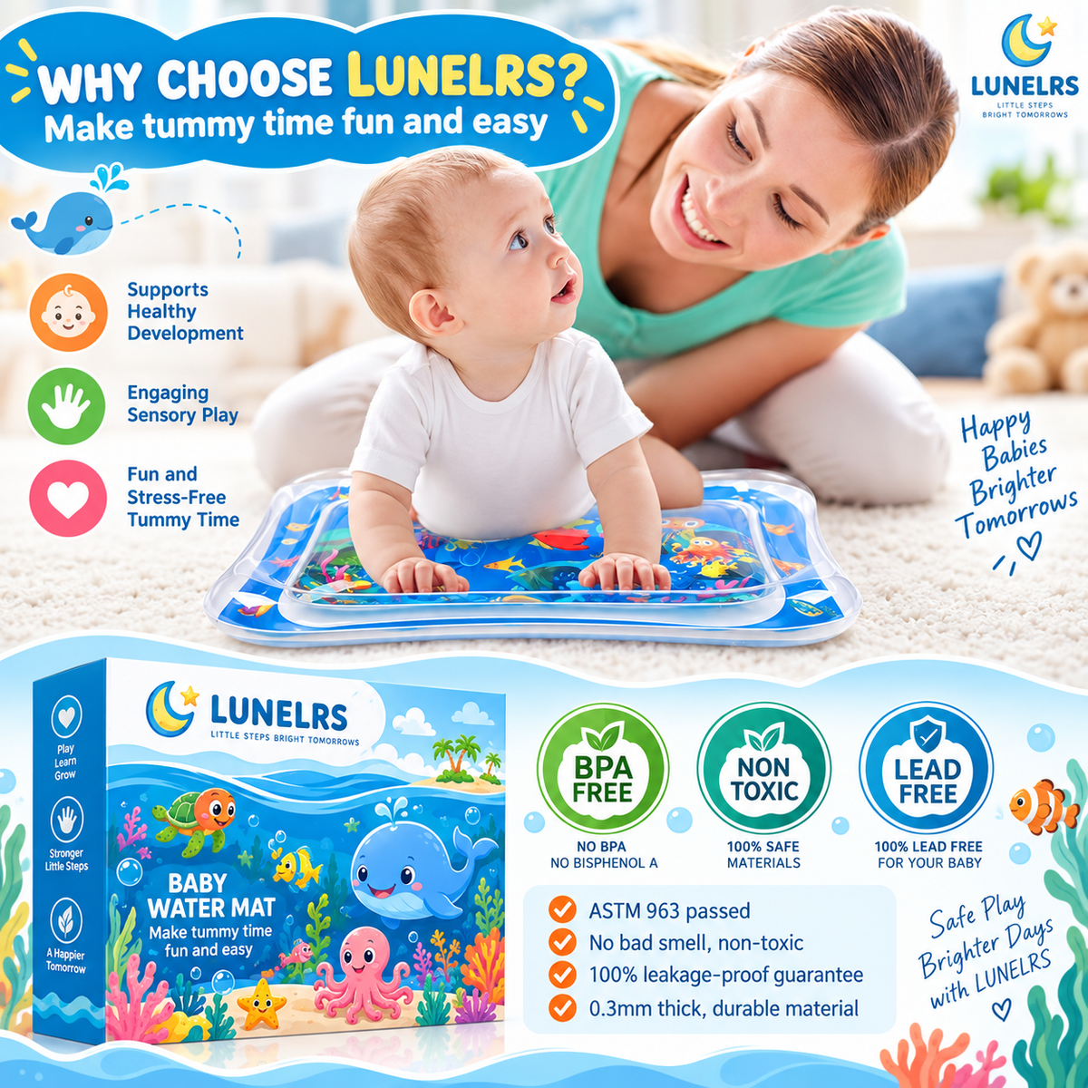 LUNELRS® Baby Water Mat – Interactive Ocean Tummy Time Sensory Toy for Infant Development