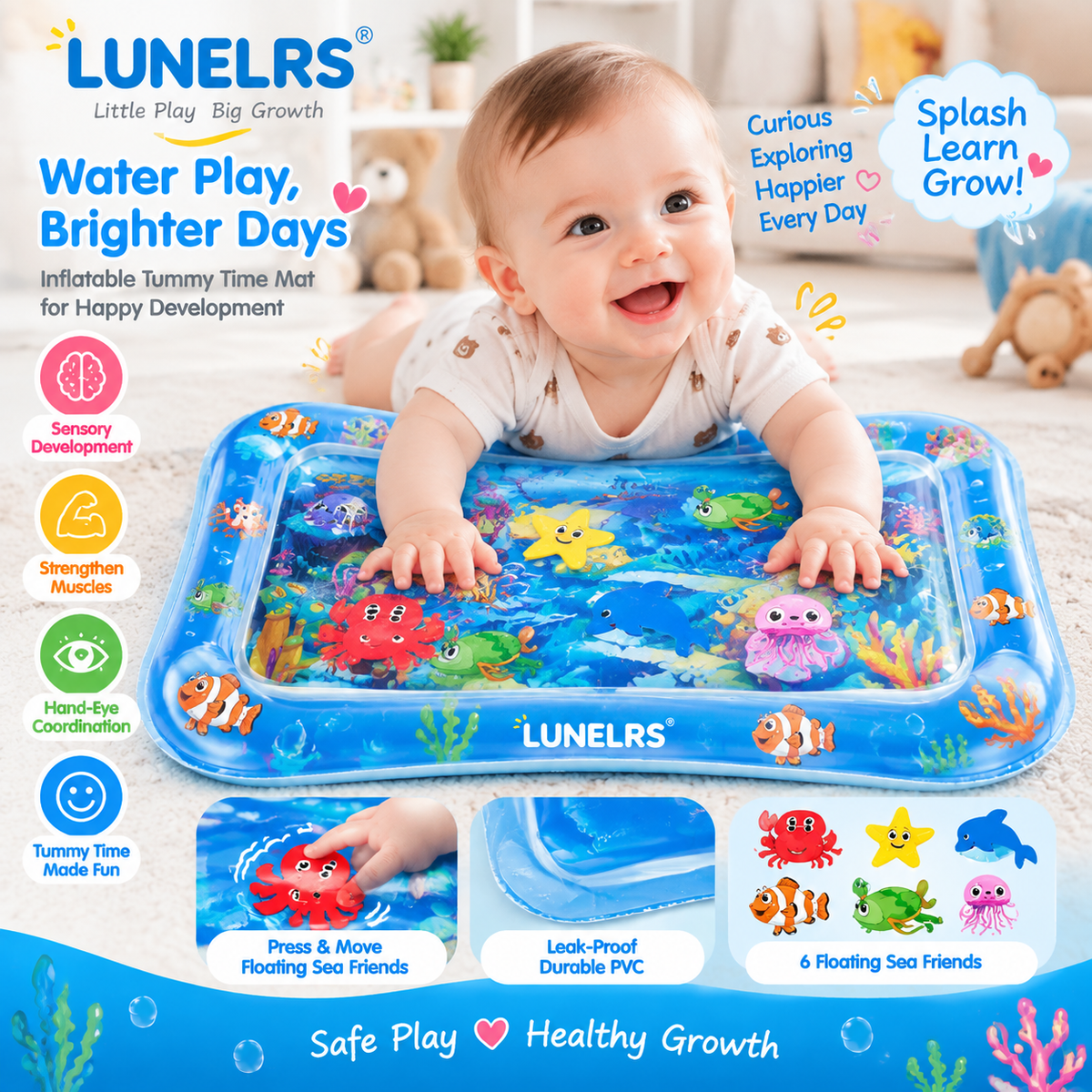 LUNELRS® Baby Water Mat – Interactive Ocean Tummy Time Sensory Toy for Infant Development