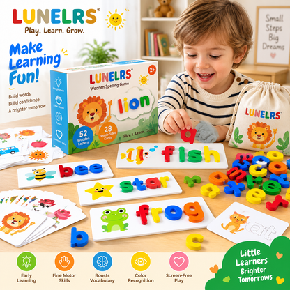 LUNELRS Wooden Letters Learning Set for Toddlers, Montessori Alphabet Spelling Toy, ABC Word Building Puzzle Game, Early Educational Toy for Kids 2+ Years