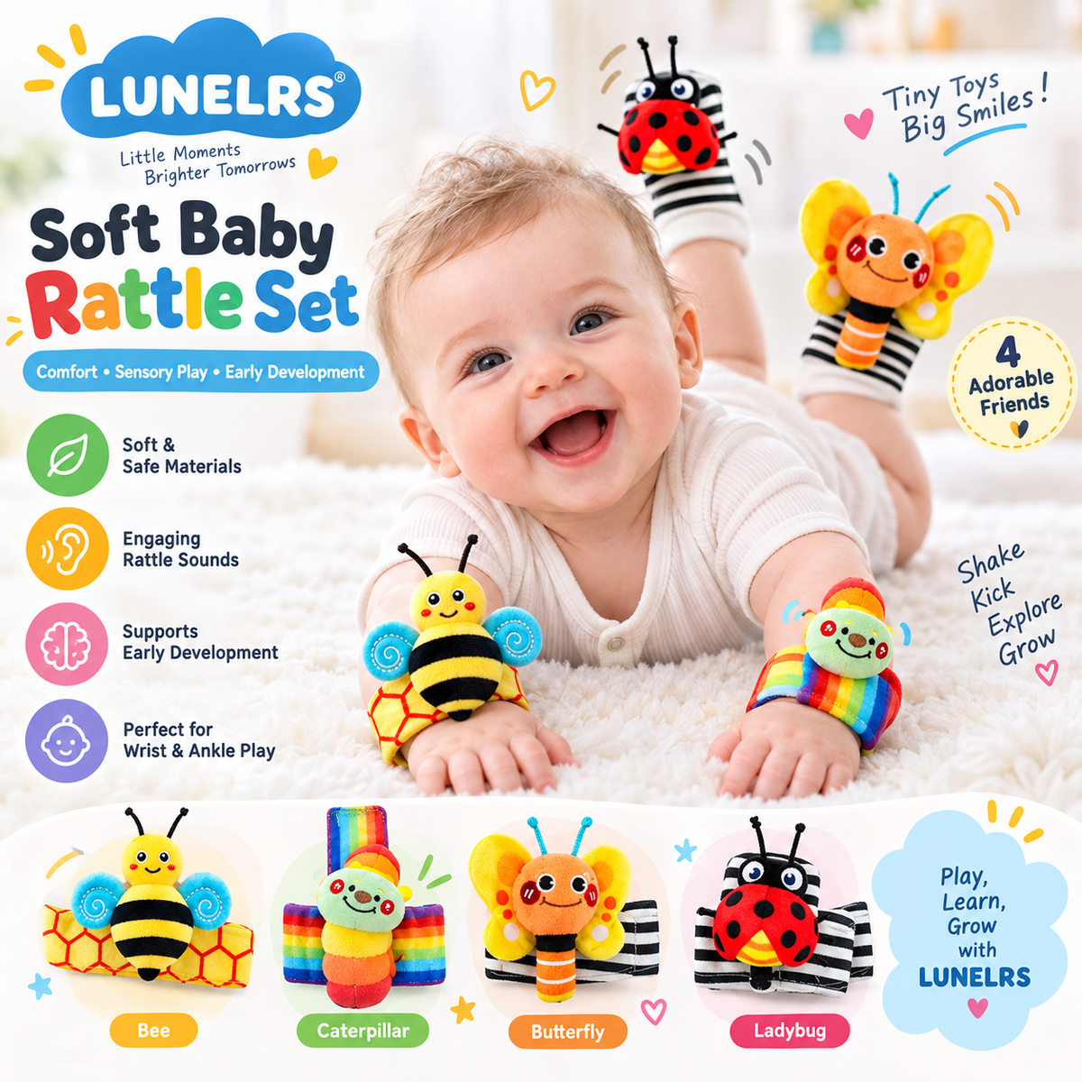 LUNELRS® Soft Baby Rattle Set – Animal Wrist & Ankle Sensory Toys for Early Development