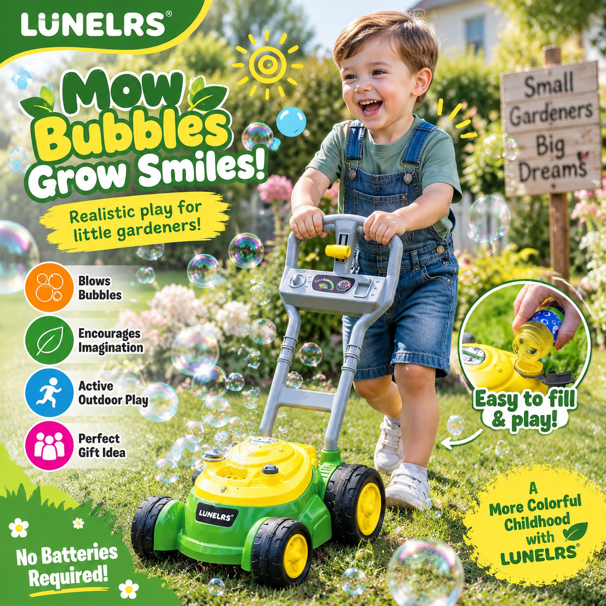 LUNELRS® Bubble Lawn Mower Toy – No Battery Push Bubble Machine for Kids Outdoor Garden Play